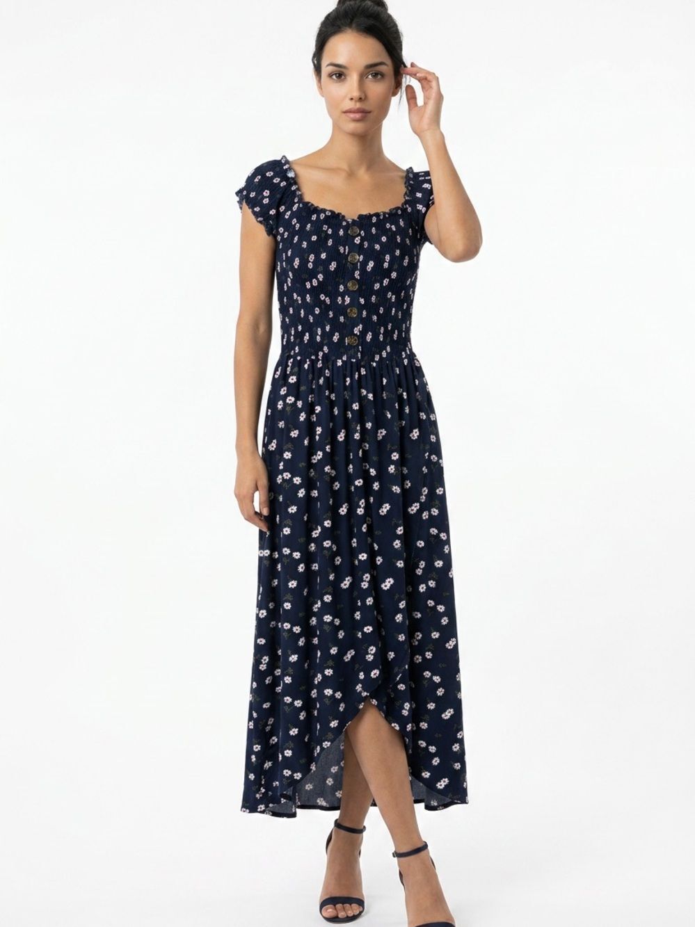 J FOR JUSTIFY | Navy Blue Floral Smocked High Low Midi Dress Women’s Size L